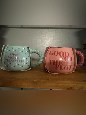 Mint Green and Pink Ceramic Book-Lover Mugs with Twisted Handles